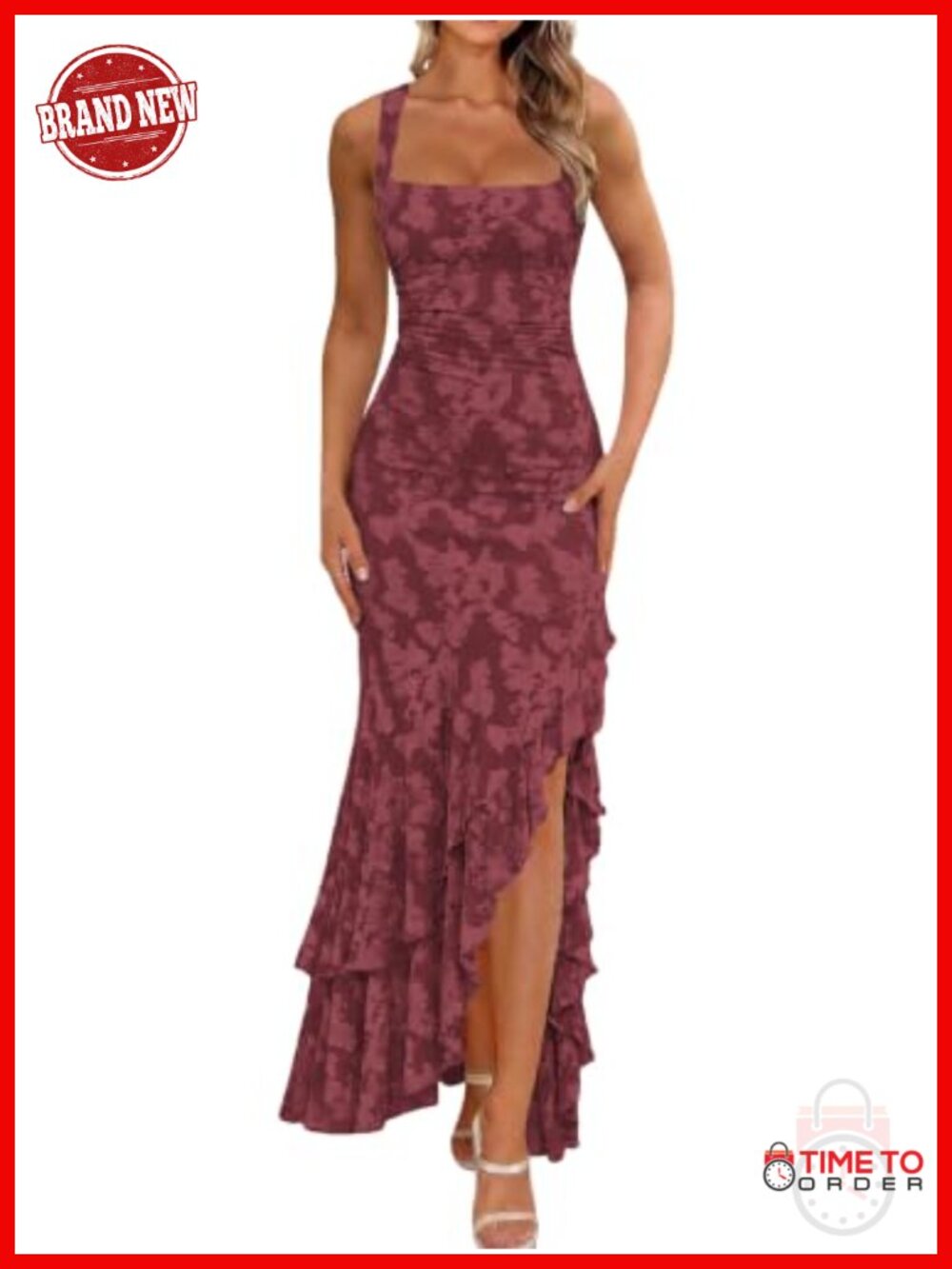 Mesh Floral Embroidered Ruched Maxi Dress Sleeveless Square Neck High Slit